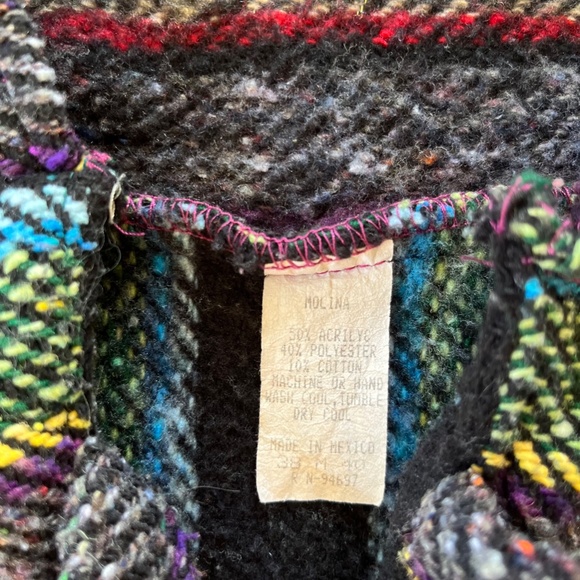 MOLINA Vintage Mexican Baja Blanket Drug Rug Hoodie Grey Green Surfer Poncho M - Picture 3 of 11